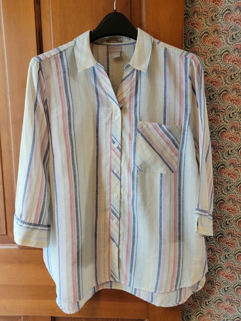 Chico’s No Iron 100% Linen Striped Button Down Shirt 3/4 Sleeve Size 3 XL 16/18
